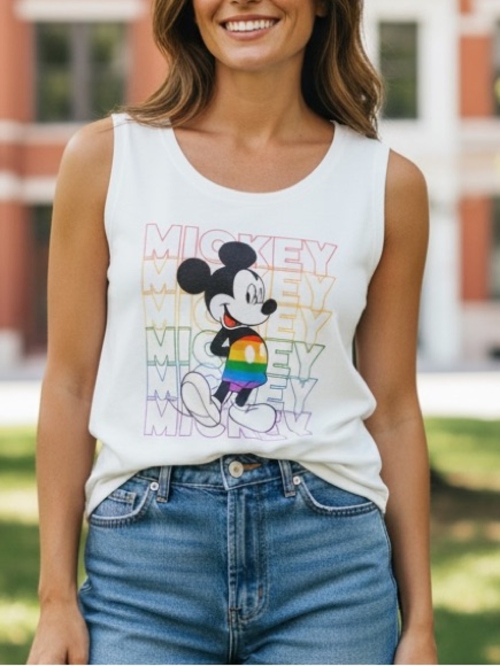 Disney Mickey Mouse Rainbow  🌈  Tank Top\Muscle Tee | Off White | Size L